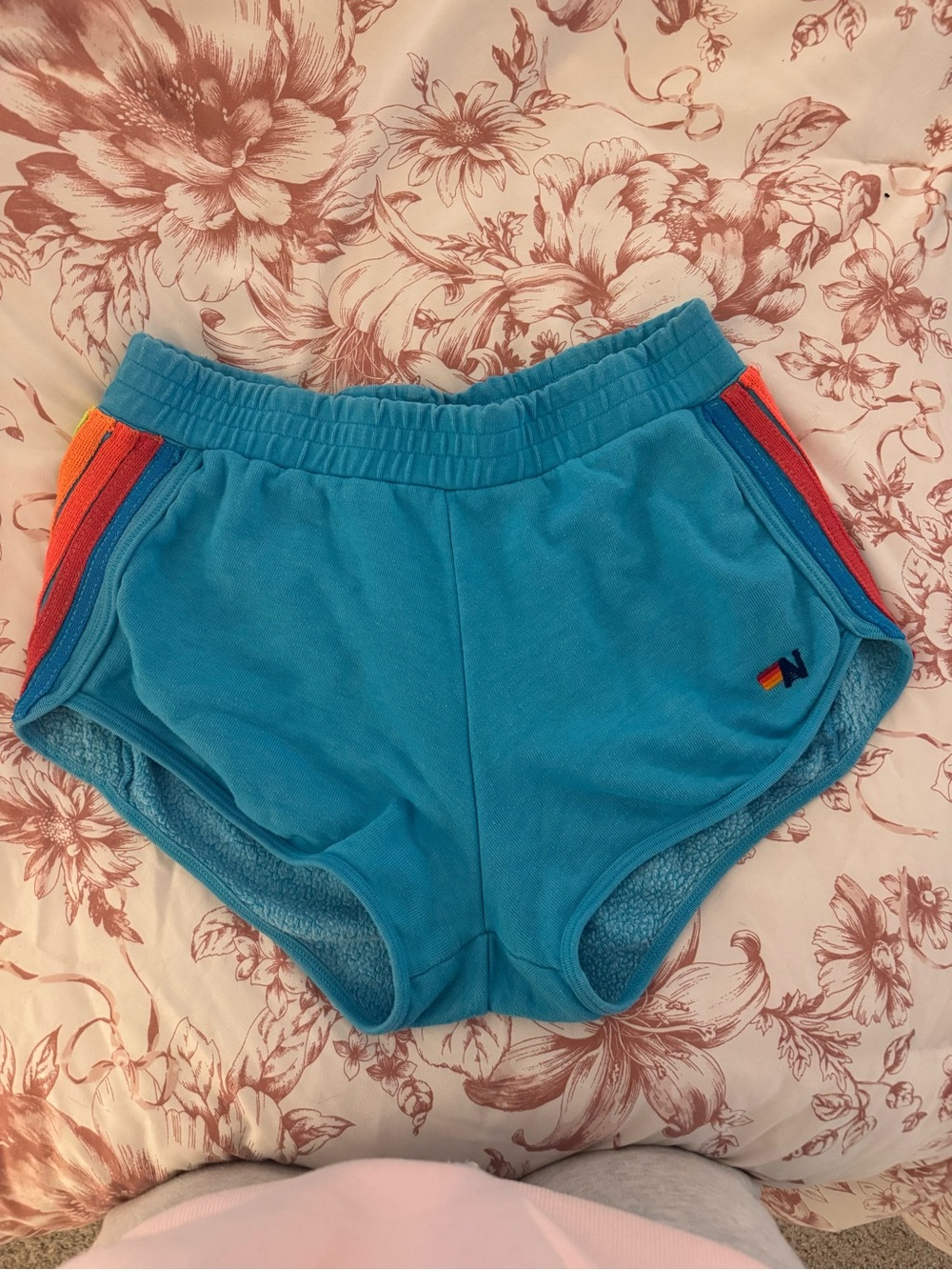Aviator Nation Turquoise Terry Shorts with Rainbow Side Stripes